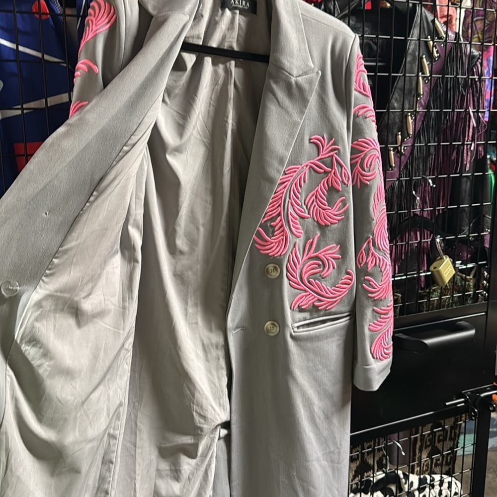 Akira Gray and Pink Embroidered Women's Trench Coat - Picture 7 of 8